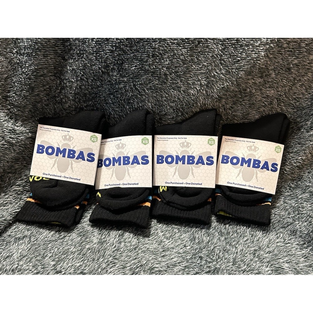 Bombas XS Crew Socks 4 Pair Black Logo Knit Comfort Poly Blend New Tags (F3)